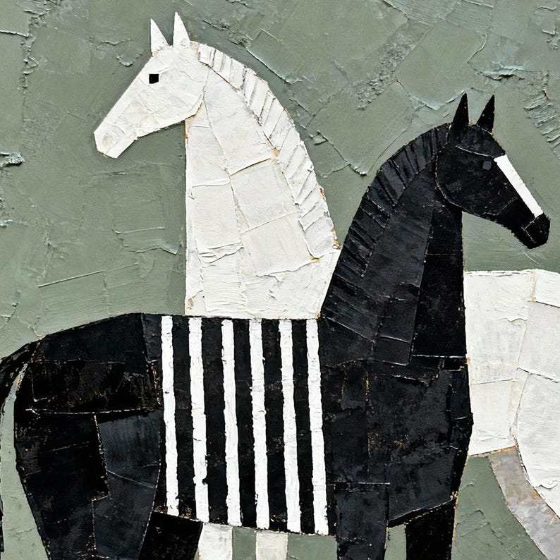May include: Abstract art piece featuring two horses. One horse is white, the other is black with white stripes. The background is a textured, muted green. The artwork has a collage-like appearance.