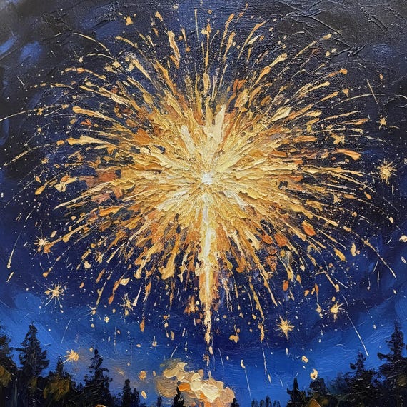 オリジナル花火油絵 - 息を呑むような夜空と川の風景、手描きの抽象的