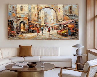 Pintura al óleo original de calle europea pintada a mano sobre lienzo, escena de mercado mediterráneo, arte mural, paisaje urbano texturizado, decoración del hogar, regalo