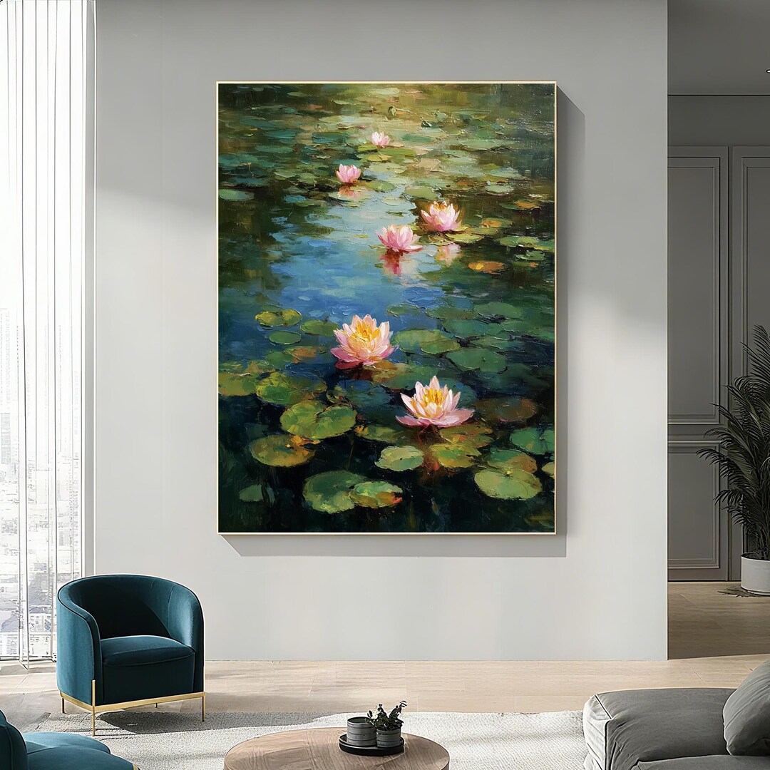 Original Hand Painted Oil Painting Water Lilies Pond on Canvas, Pink ...