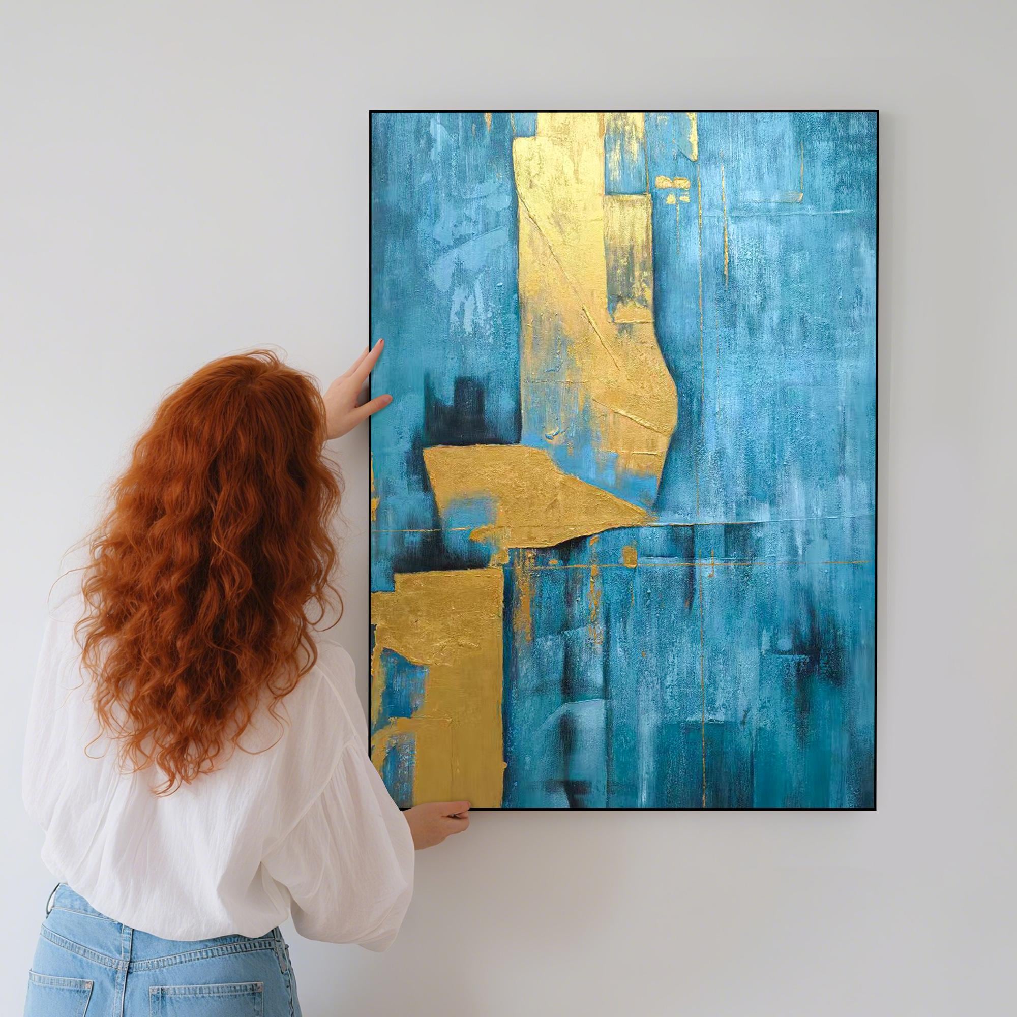 大きな青と金の抽象画油絵 | 質感のある手描きのキャンバスアート