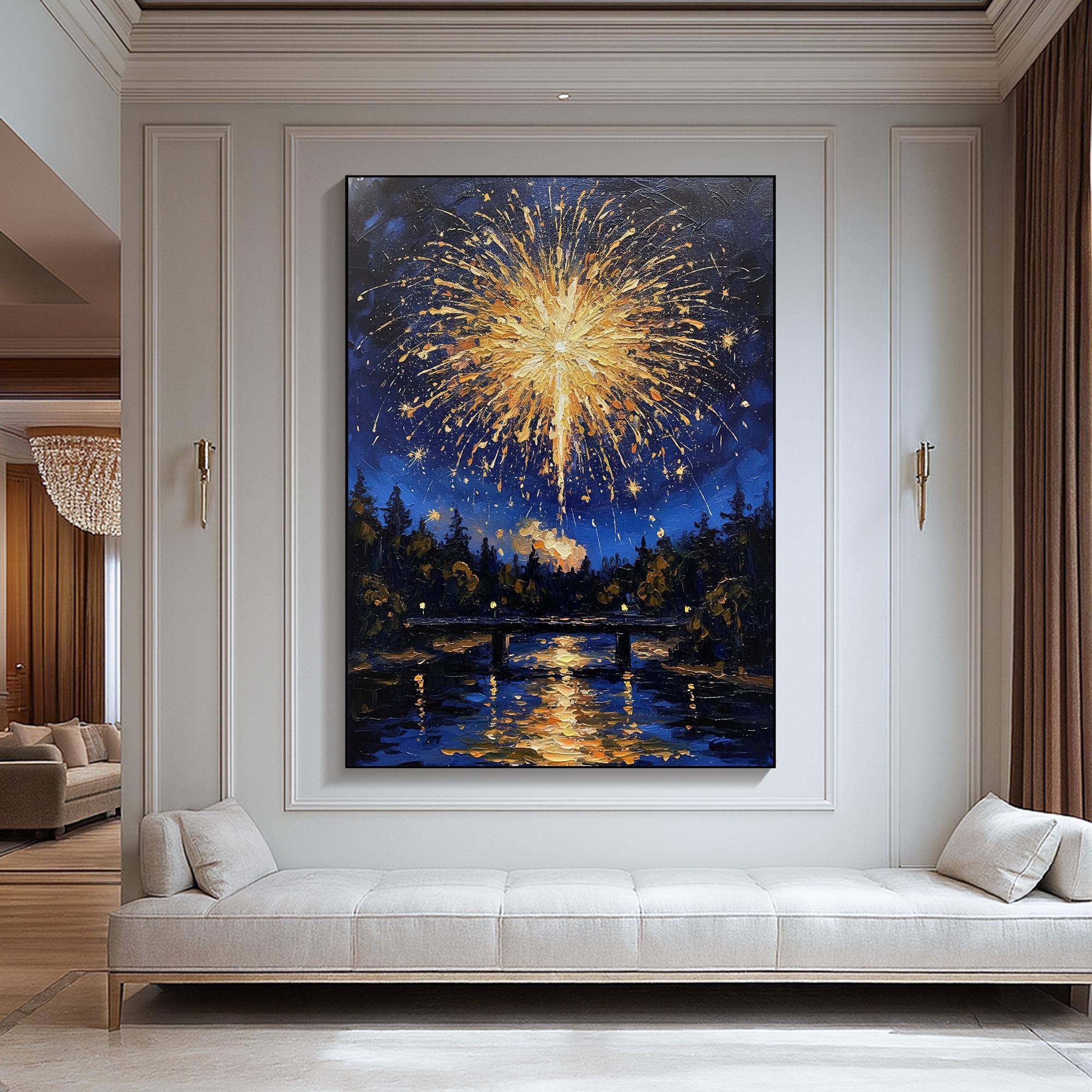 オリジナル花火油絵 - 息を呑むような夜空と川の風景、手描きの抽象的