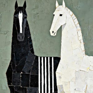 May include: An abstract painting of two horses. One horse is black with a white stripe on its face, and the other is white. The background is a textured, muted green.