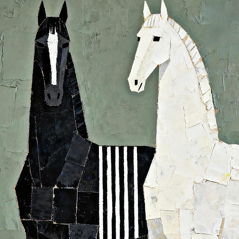 May include: An abstract painting of two horses. One horse is black with a white stripe on its face, and the other is white. The background is a textured, muted green.