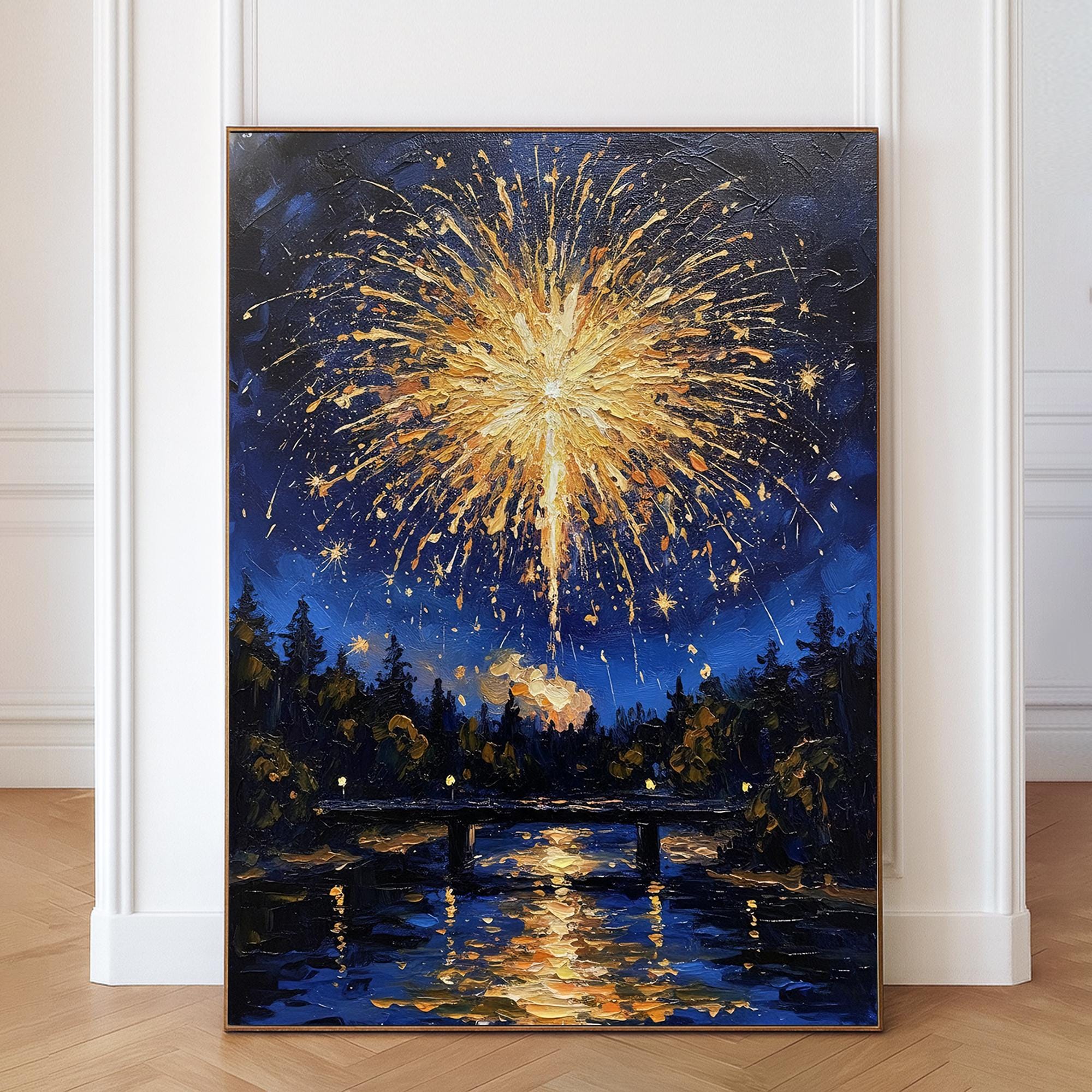 オリジナル花火油絵 - 息を呑むような夜空と川の風景、手描きの抽象的