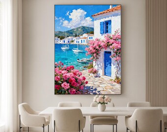 Original Blue Door Mediterranean Coastal Oil Painting,hand-painted