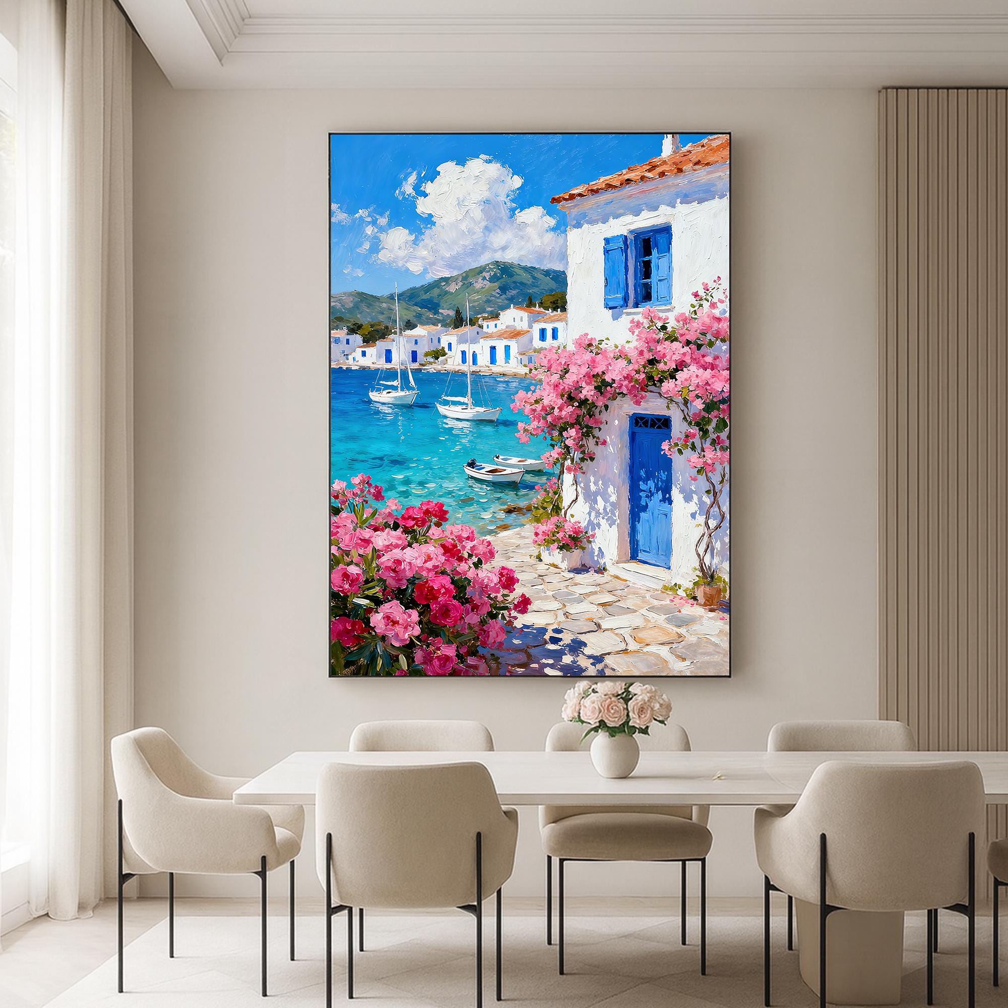 Original Blue Door Mediterranean Coastal Oil Painting,hand-painted
