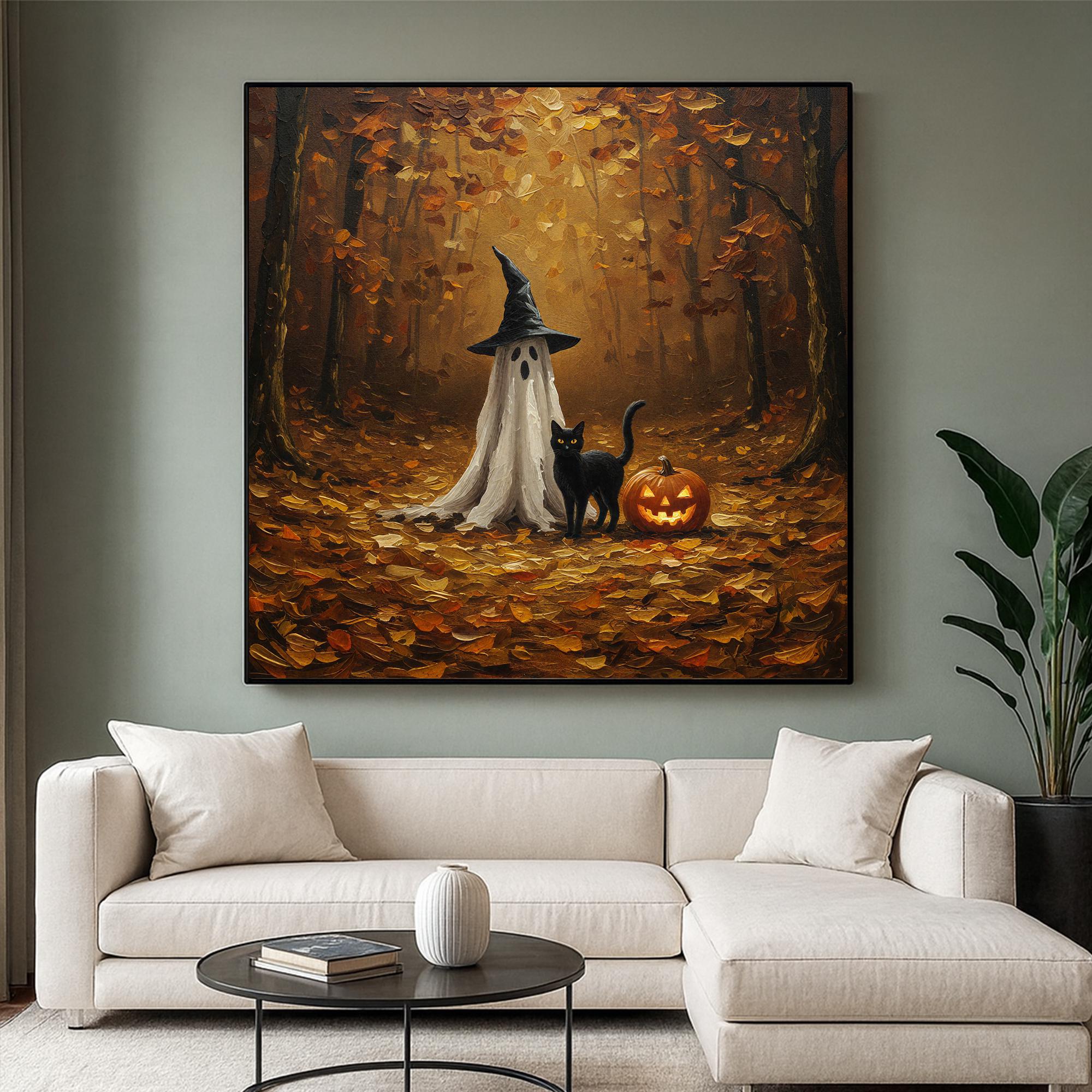 Original Halloween Black Cat and Ghost Oil Painting,Large Hand Painted Pumpkin Forest Canvas Wall Art,Spooky Autumn Decor for Living Room