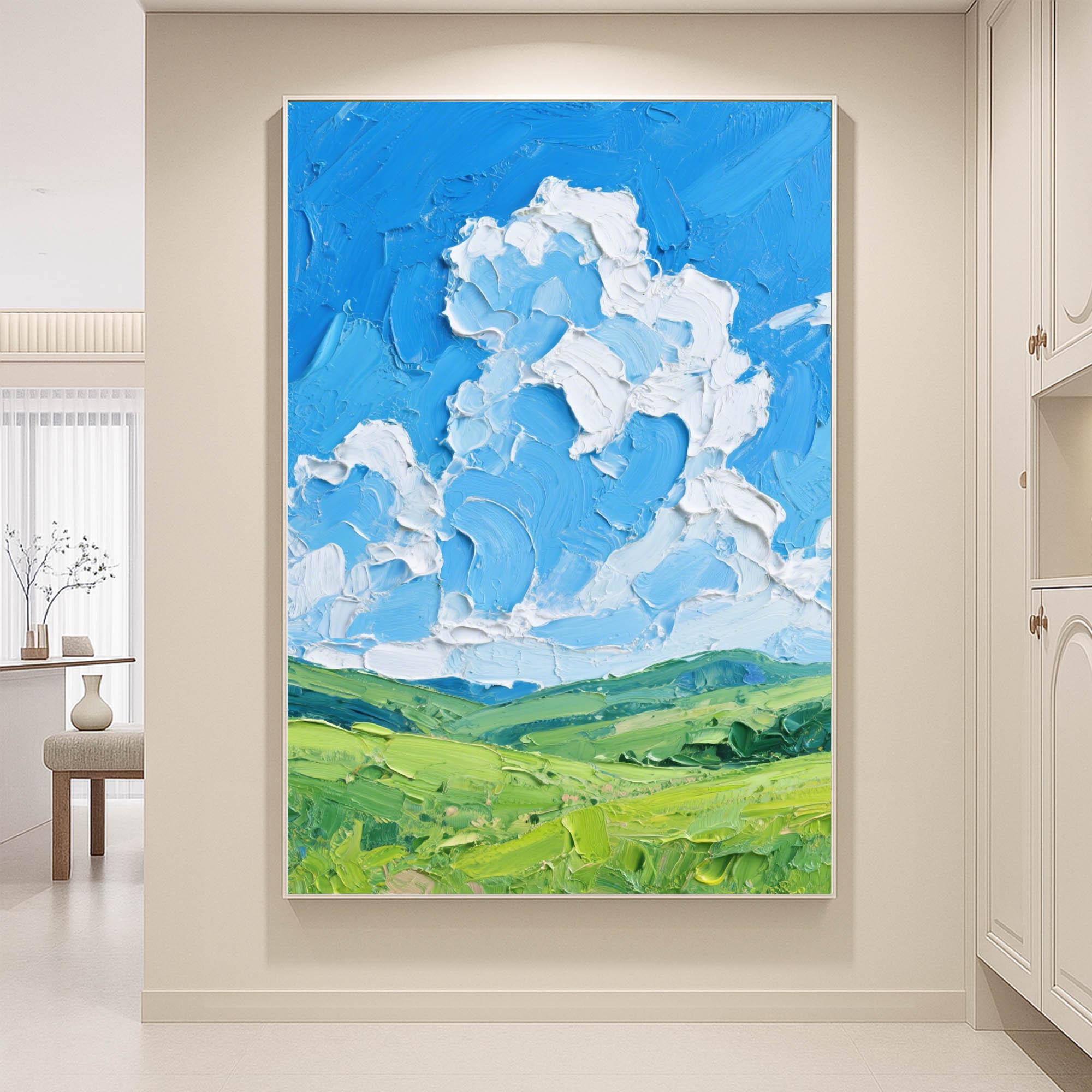 明るい風景画 テクスチャードスカイフィールドキャンバス 緑豊かな丘と