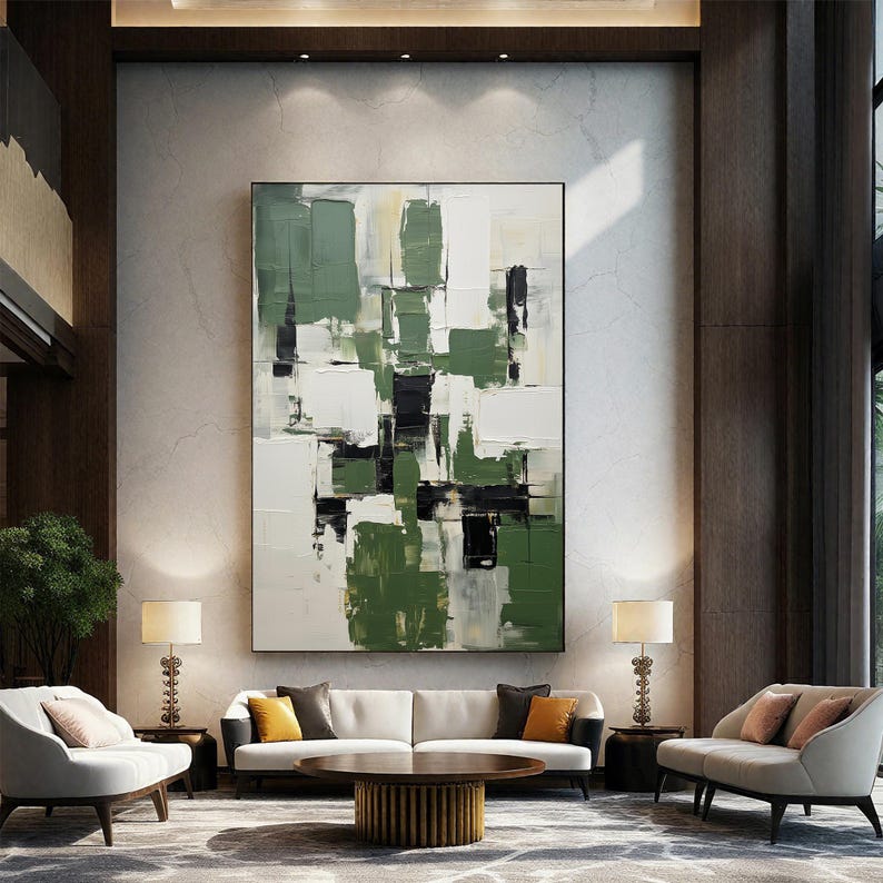 Original Abstract Green Oil Painting on Canvas, Large Modern Geometric ...