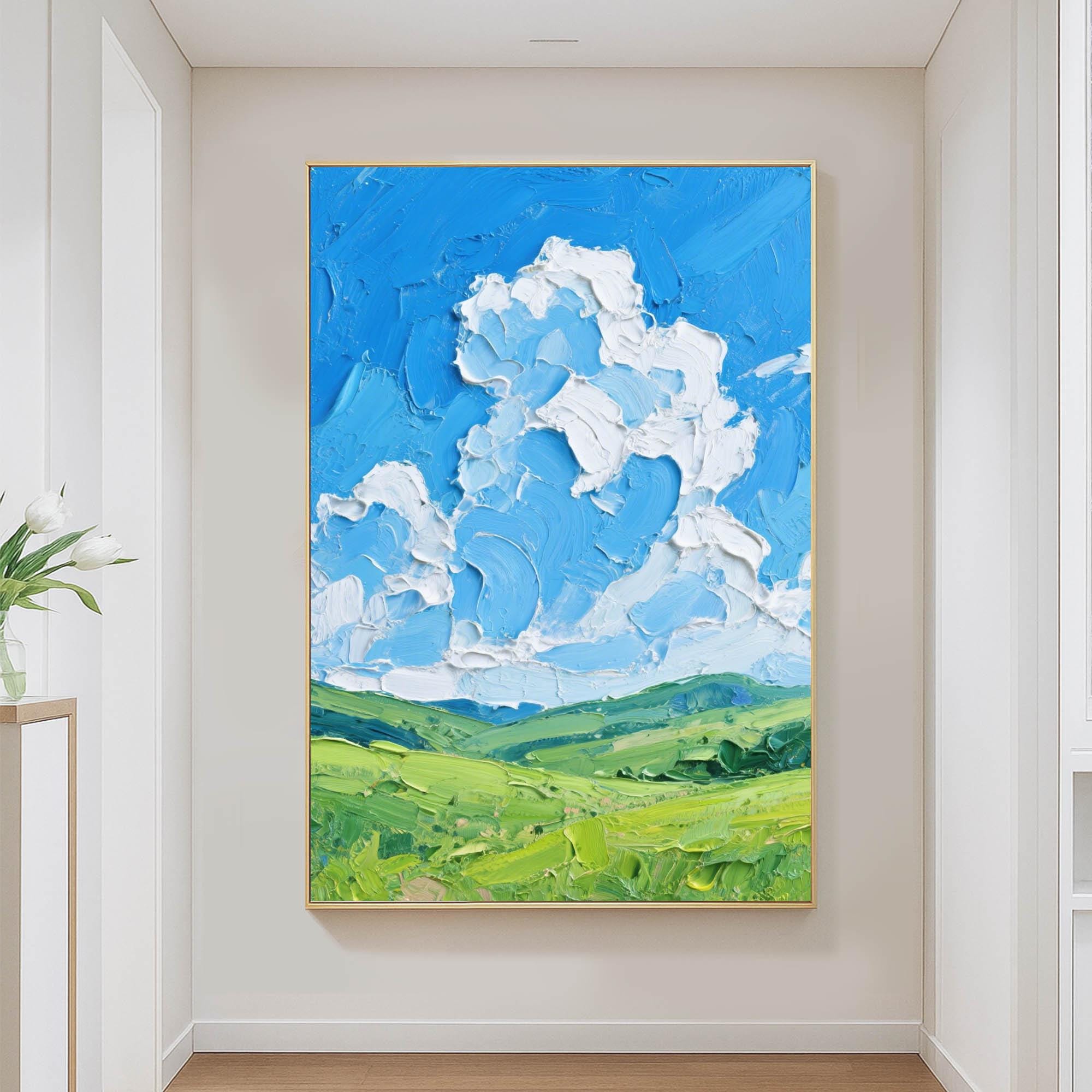 明るい風景画 テクスチャードスカイフィールドキャンバス 緑豊かな丘と