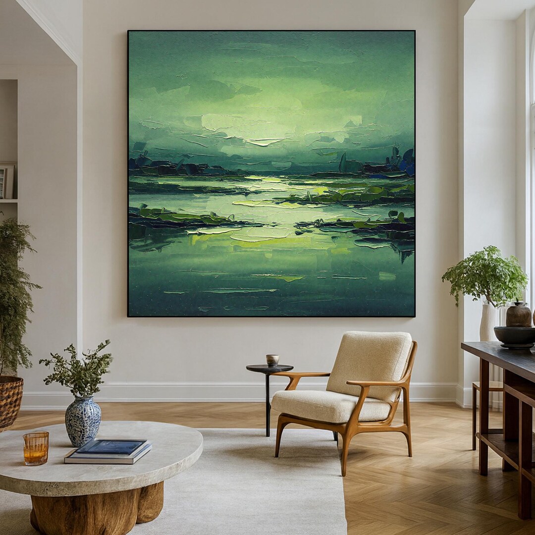 Large Green Landscape Oil Painting on Canvas, Original Textured Hand ...