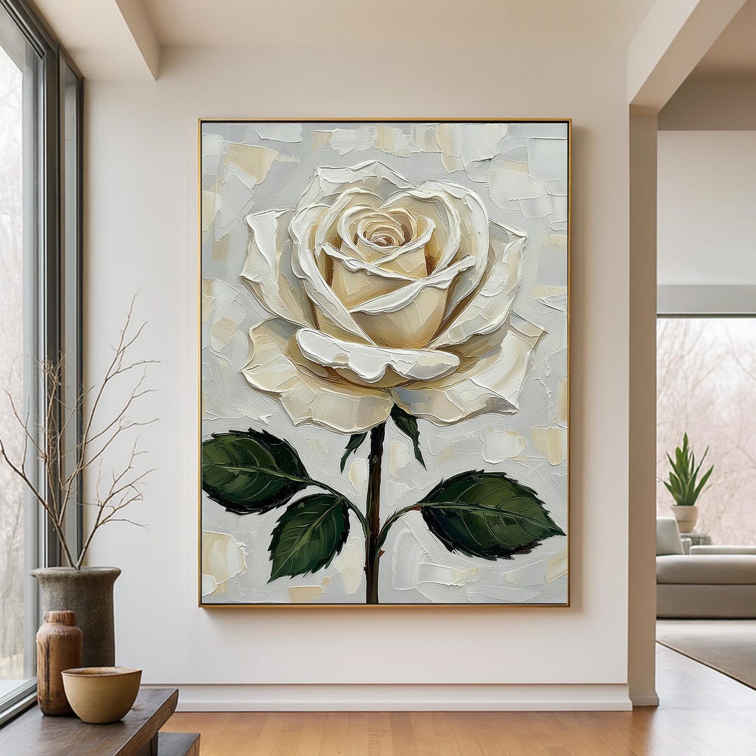 Original Hand-painted White Rose Oil Painting,large Impasto