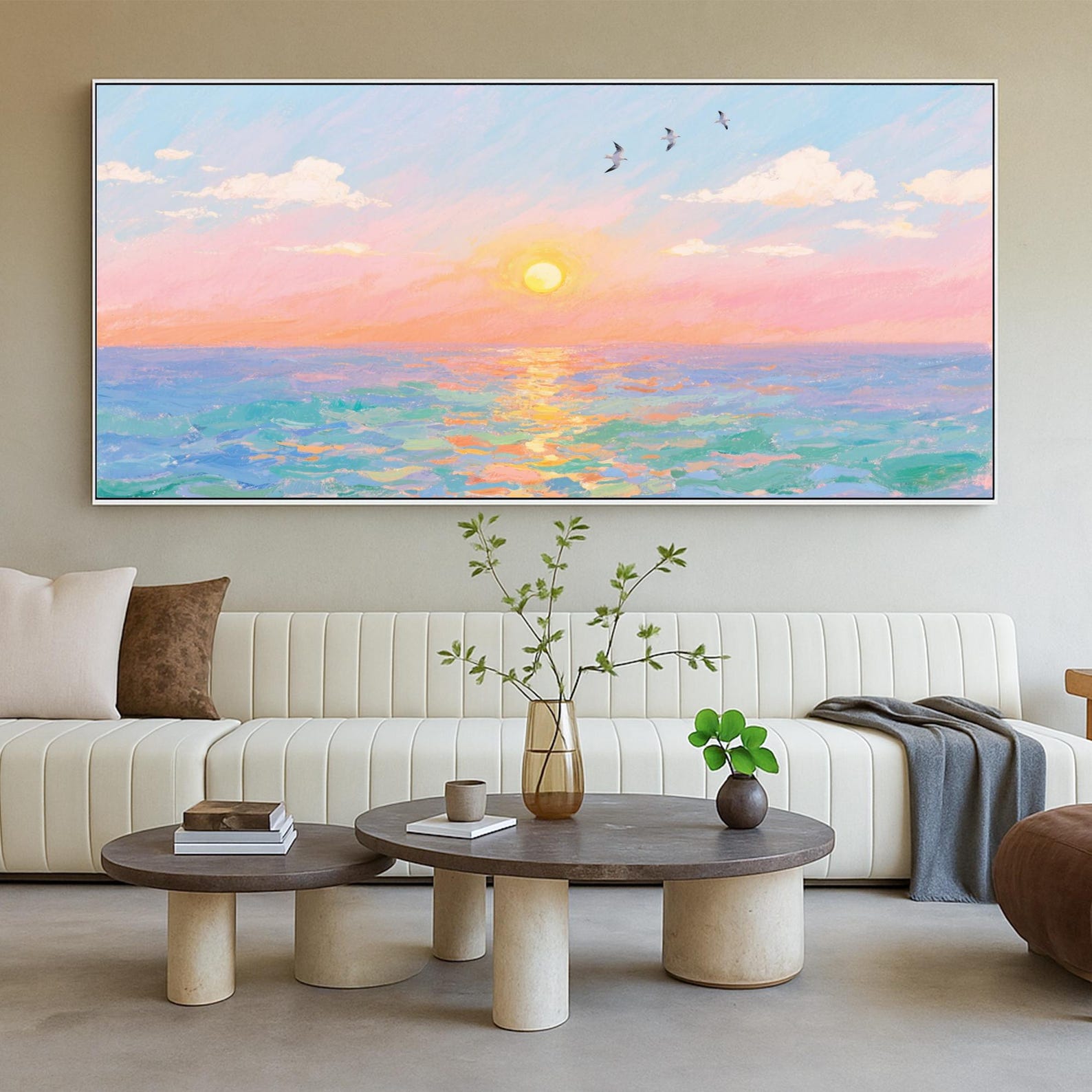 Sunset Ocean Wall Art Canvas Print | Pastel Seascape Painting for ...