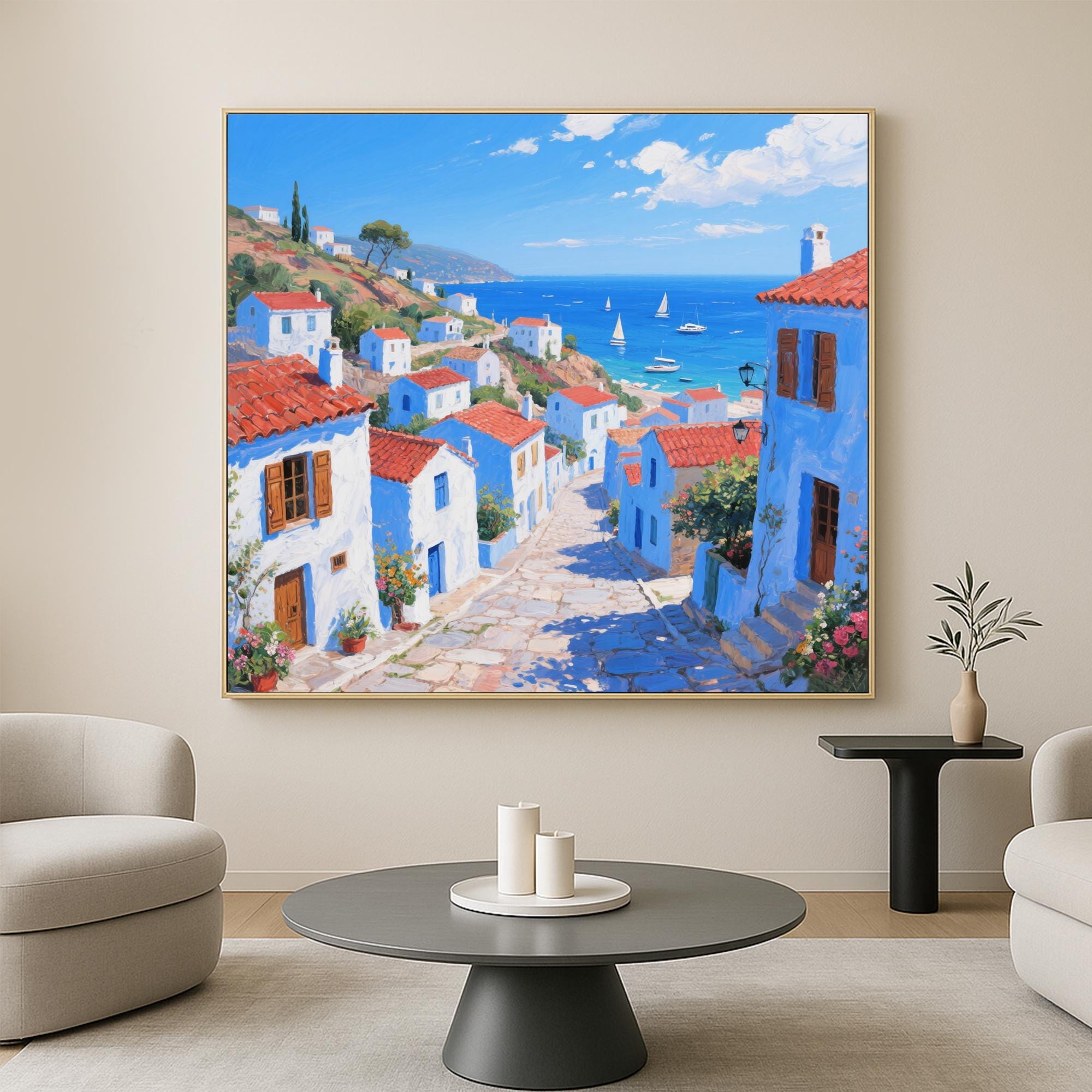 Original Mediterranean Coastal Village Painting | Hand-painted