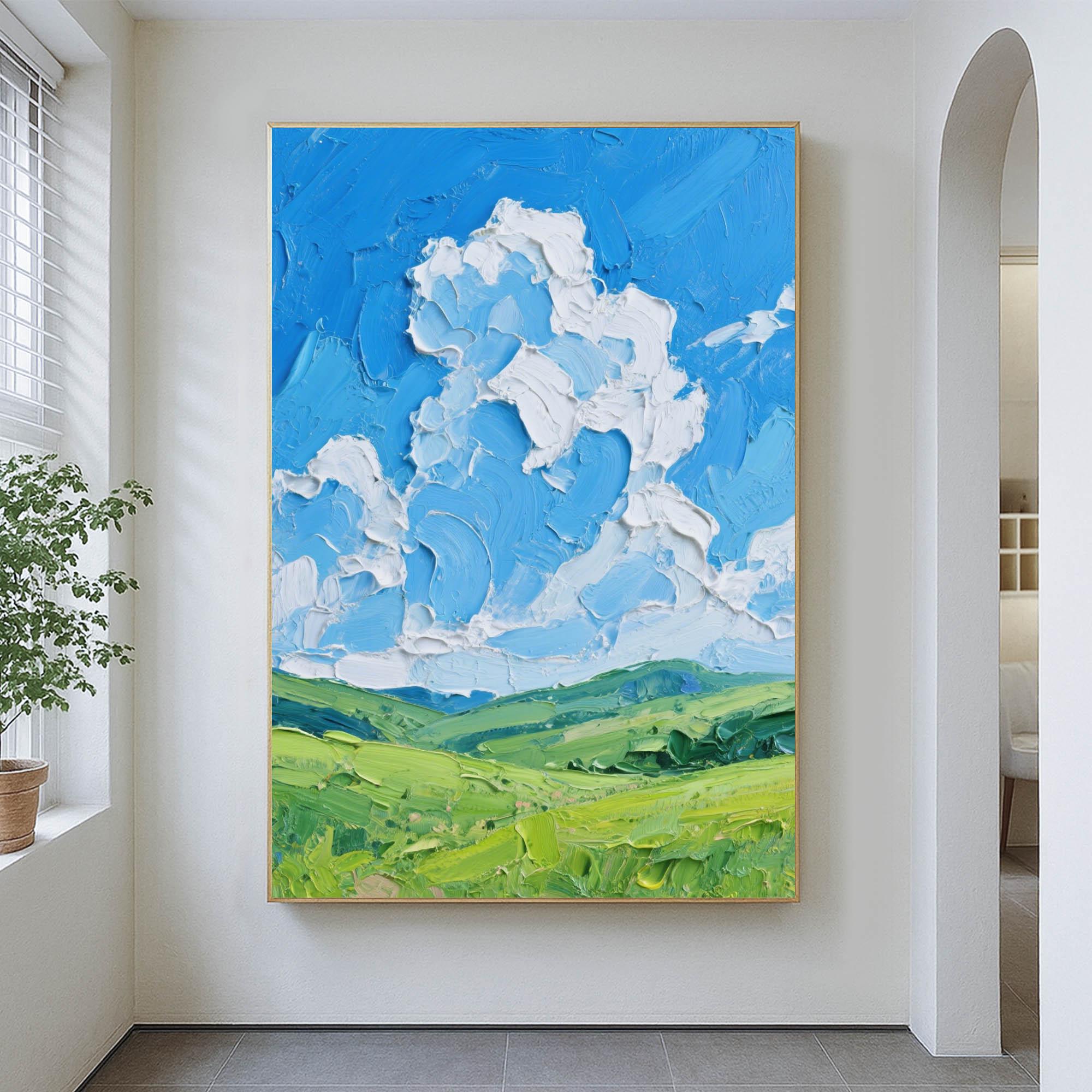 明るい風景画 テクスチャードスカイフィールドキャンバス 緑豊かな丘と