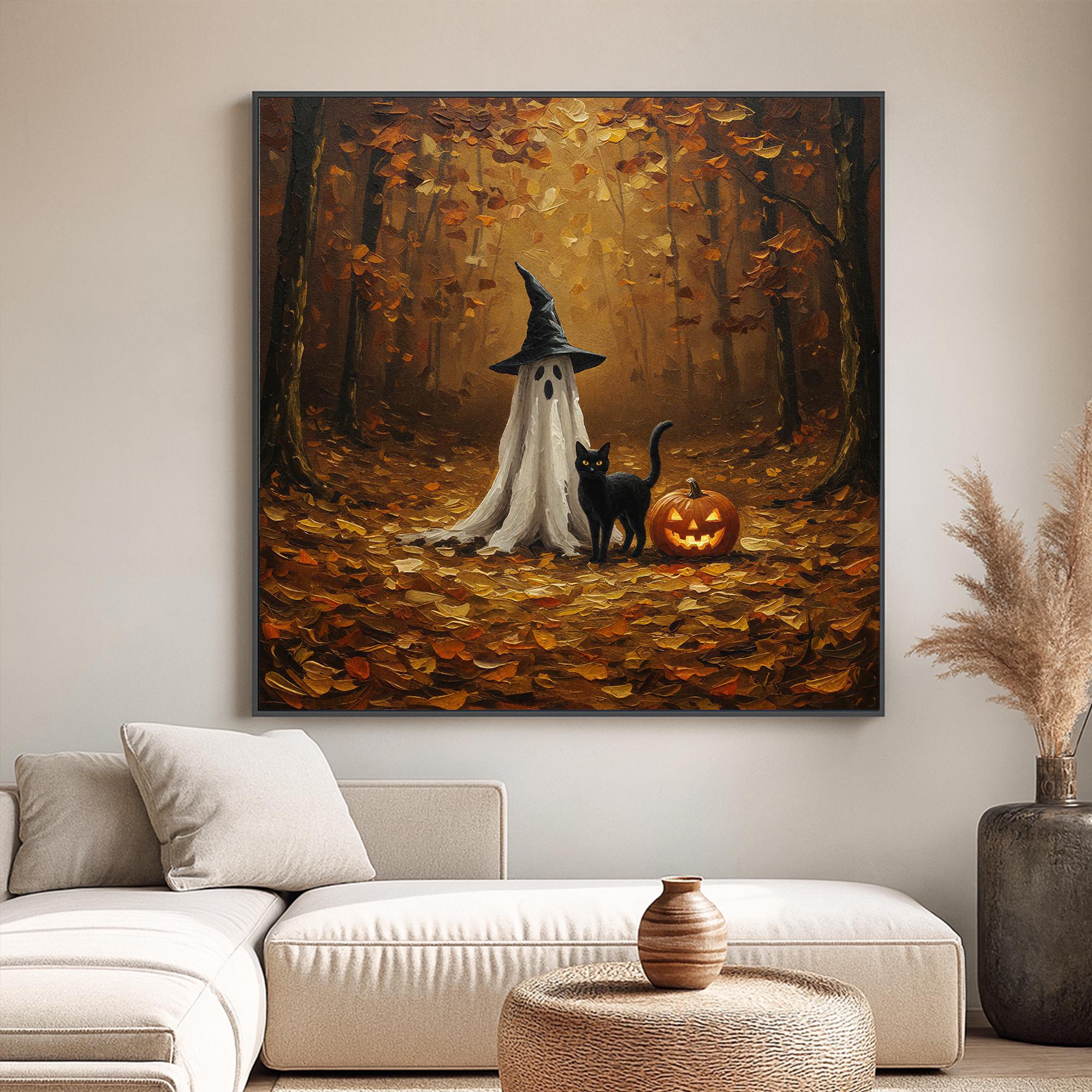 オリジナルのハロウィーン黒猫と幽霊の油絵、大きな手描きのカボチャの