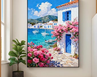 Original Blue Door Mediterranean Coastal Oil Painting,hand-painted