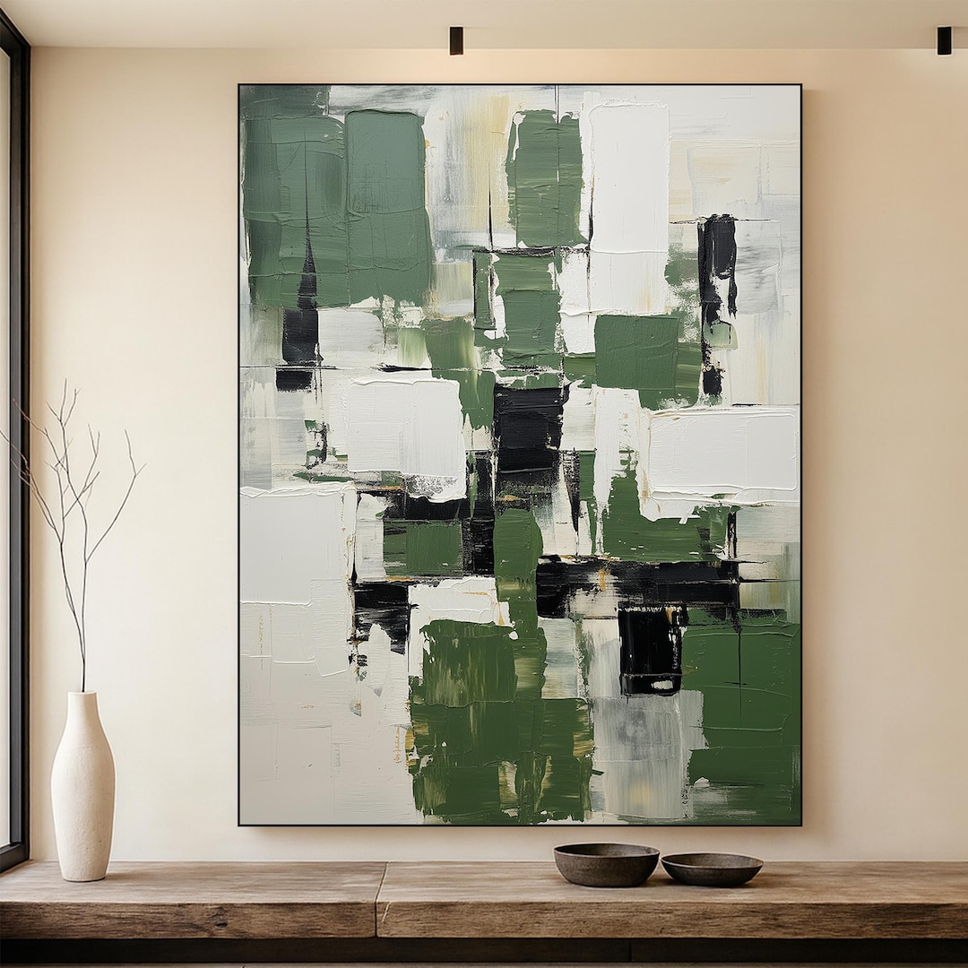 Original Abstract Green Oil Painting on Canvas, Large Modern Geometric ...