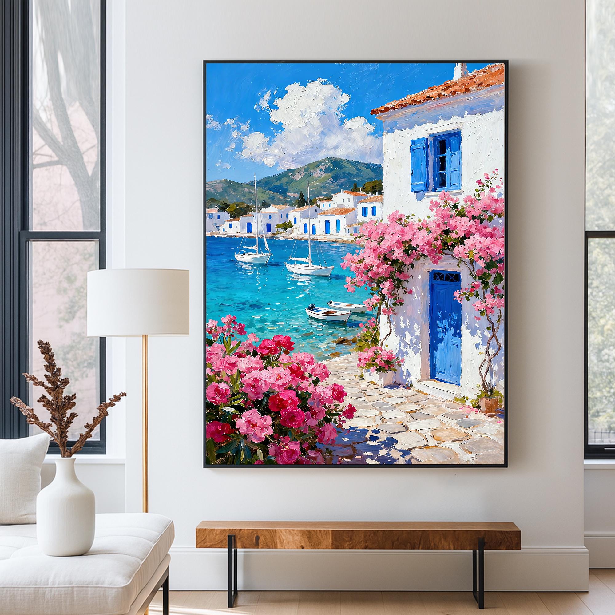 Original Blue Door Mediterranean Coastal Oil Painting,hand-painted