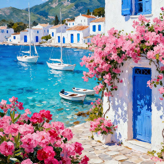 Original Blue Door Mediterranean Coastal Oil Painting,hand-painted