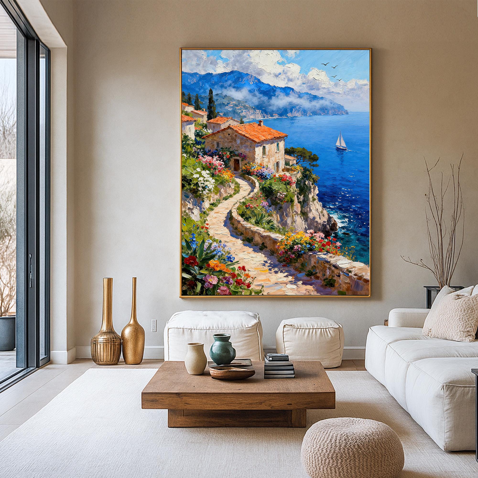 オリジナルの地中海沿岸の小道の油絵、手描きの海辺の村の壁アート