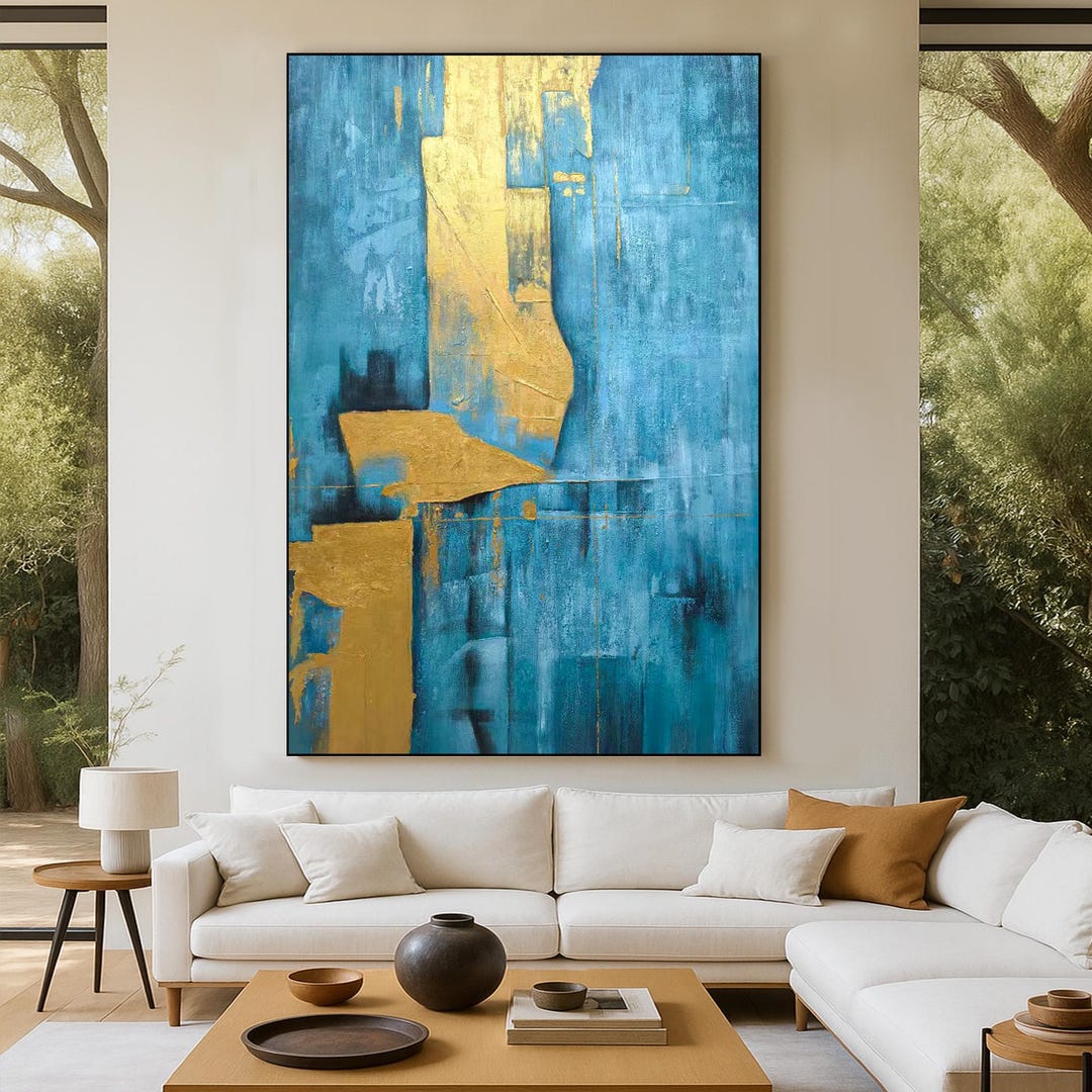 大きな青と金の抽象画油絵 | 質感のある手描きのキャンバスアート