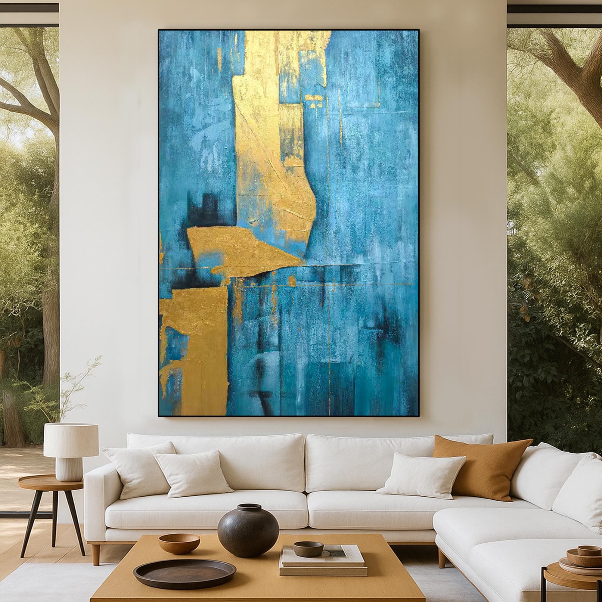 大きな青と金の抽象画油絵 | 質感のある手描きのキャンバスアート