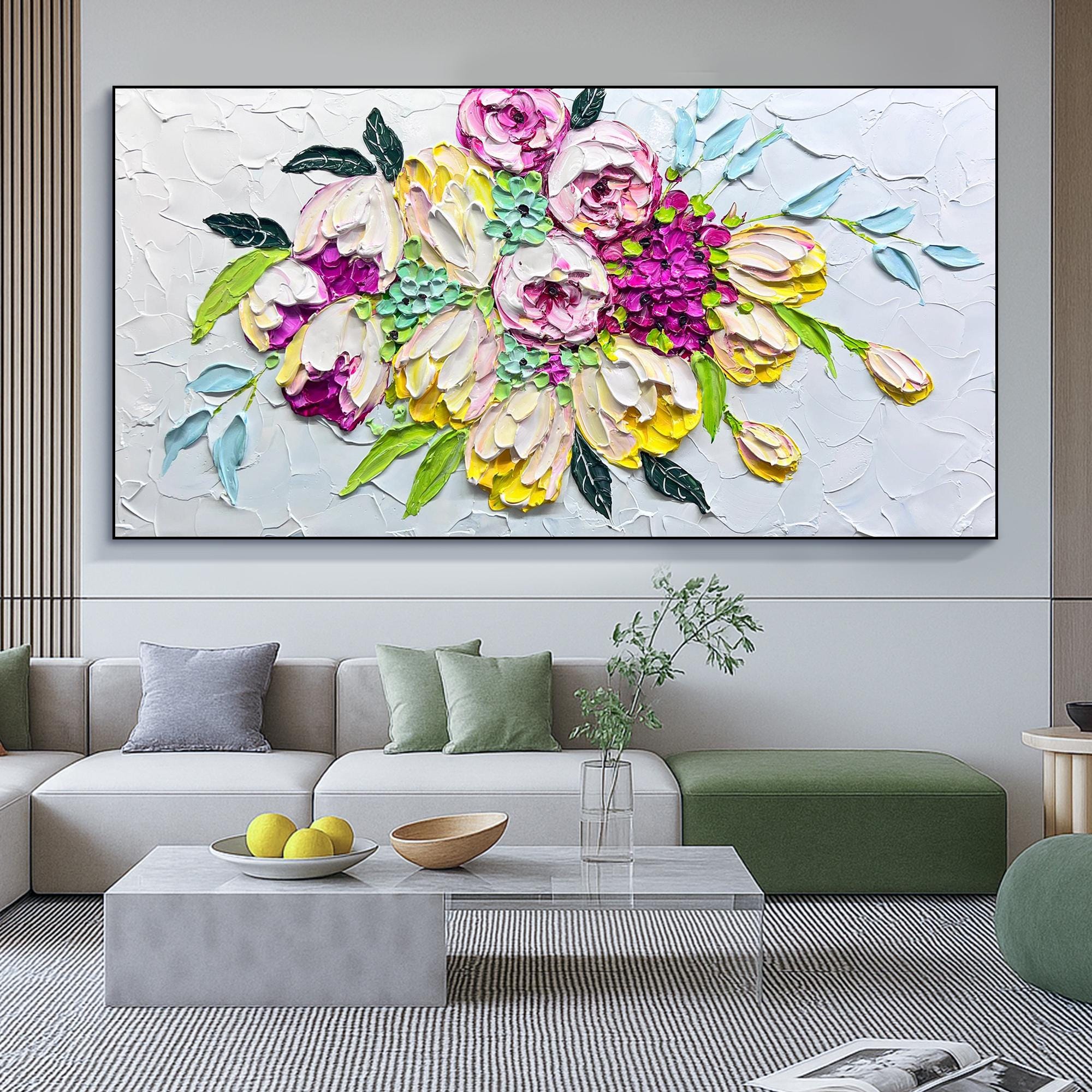Textured Floral Palette Knife Wall Art – 3D Impasto Painting, Vitality ...
