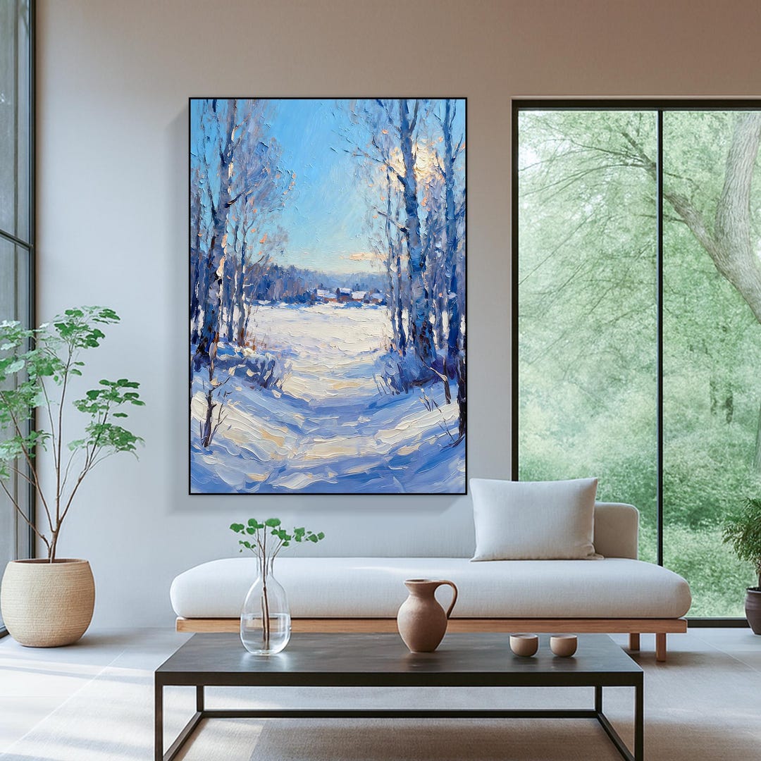 Original Winter Forest Oil Painting on Canvas, Hand Painted Blue Snow ...