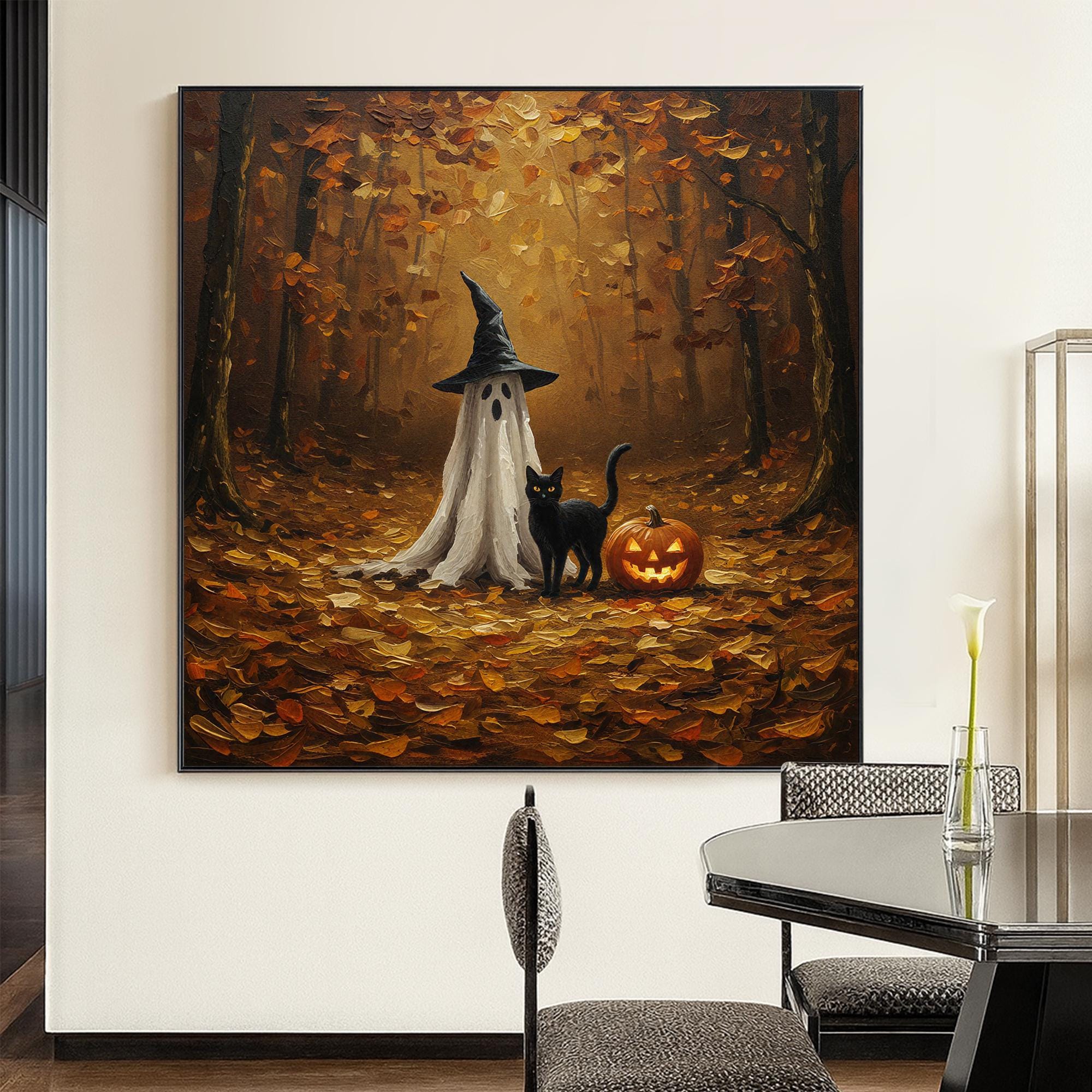 オリジナルのハロウィーン黒猫と幽霊の油絵、大きな手描きのカボチャの