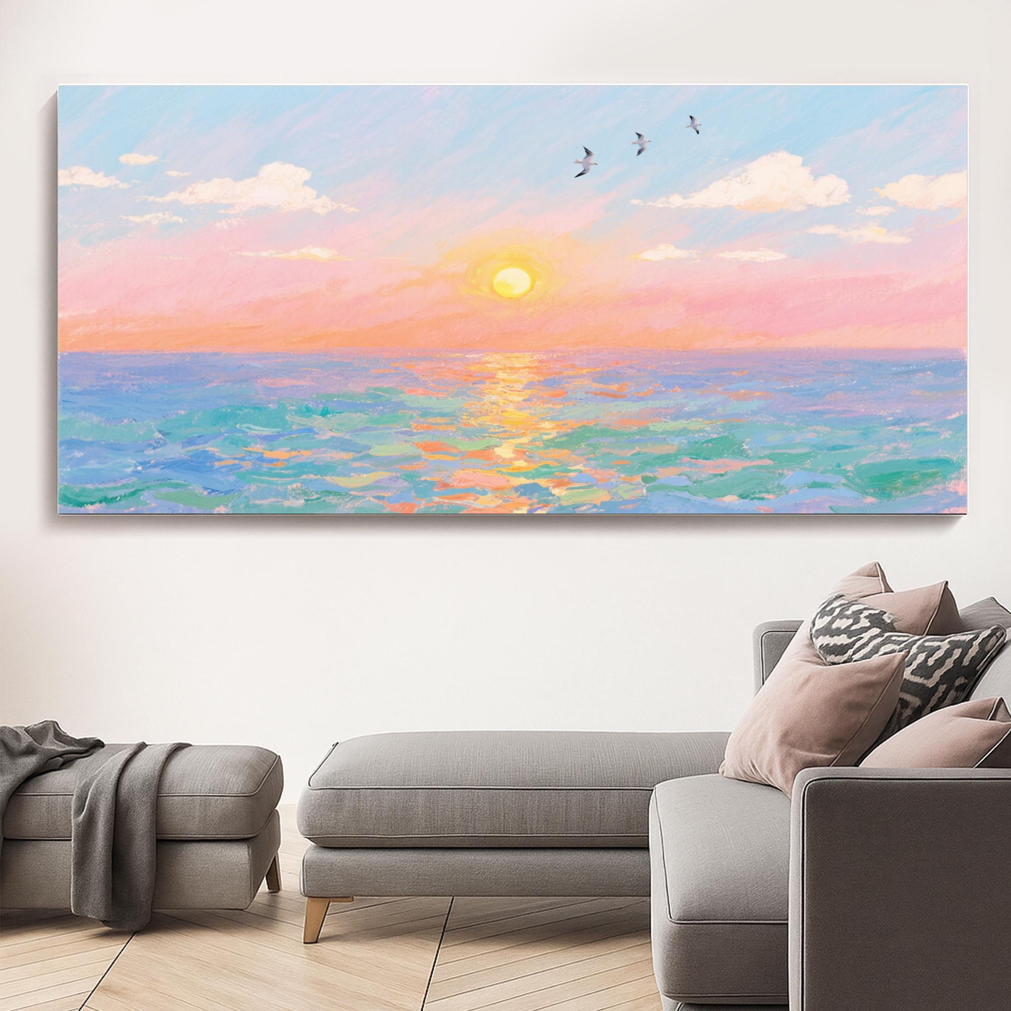 Sunset Ocean Wall Art Canvas Print | Pastel Seascape Painting for ...