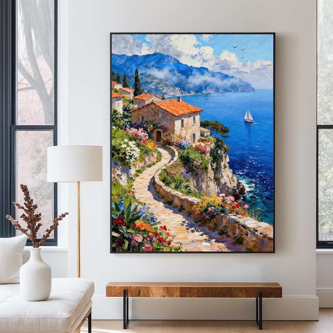 オリジナルの地中海沿岸の小道の油絵、手描きの海辺の村の壁アート