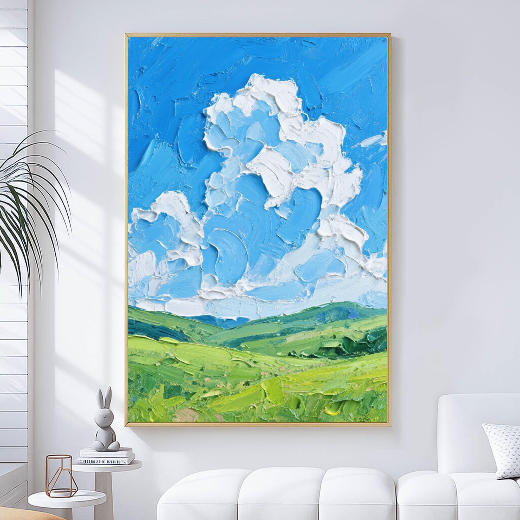 オリジナルのグリーンヒルズ油絵、質感のある空の風景画、ナイフで描か