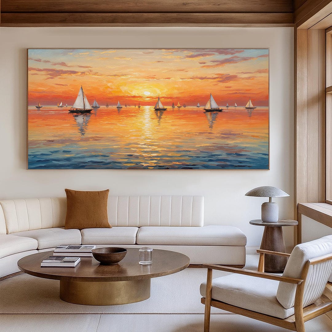 Original Handmade Oil Painting Sunset Sailboats,textured Ocean Seascape ...