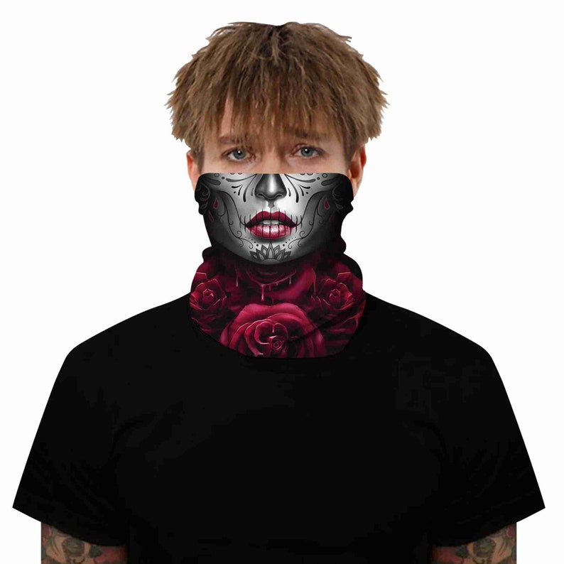 Rose Sugar Skull Neck Gaiter Day of the Dead Premium Neck Etsy