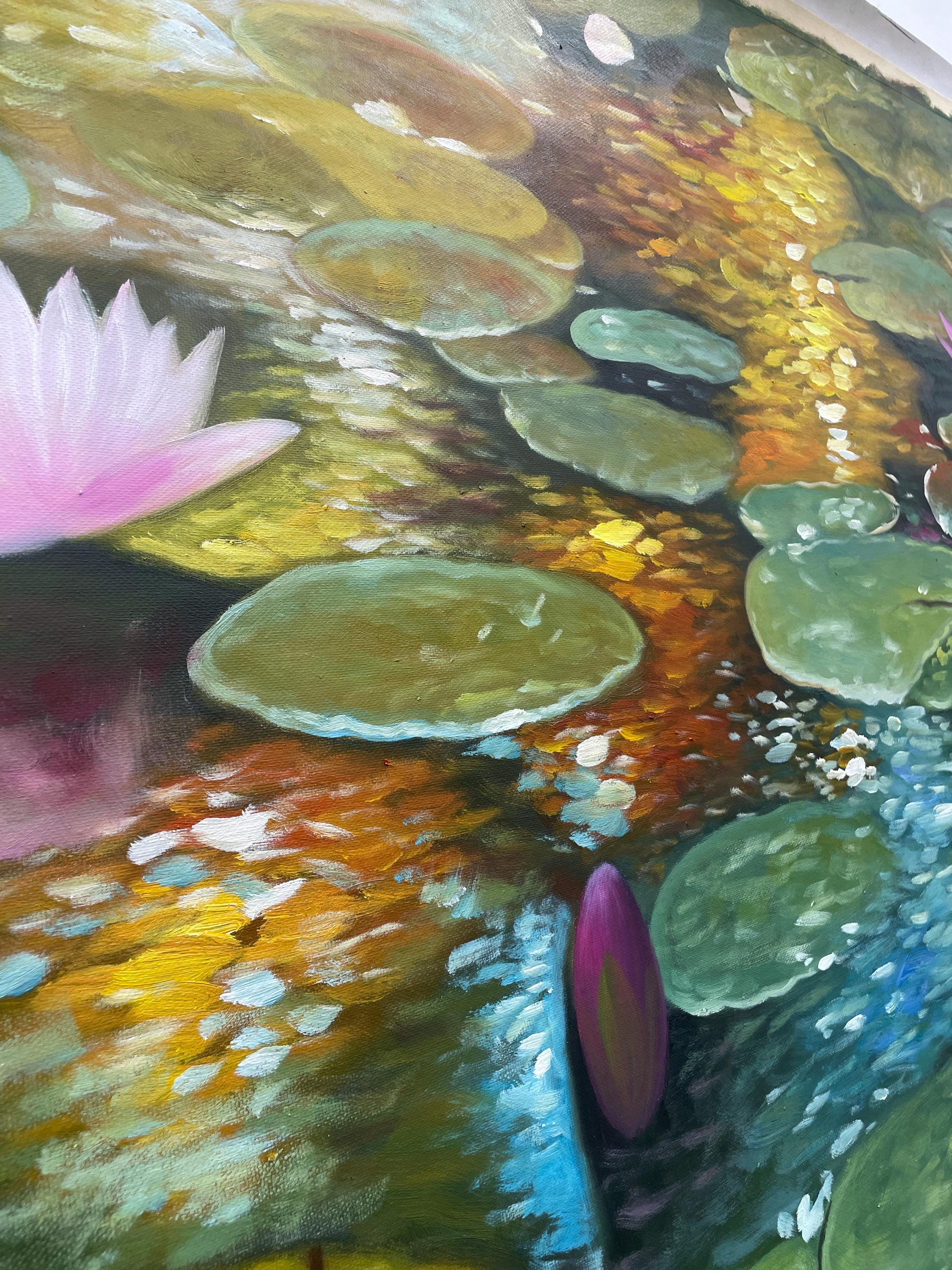 オリジナルの手描き油絵、睡蓮、陽光に照らされた池、ピンクの蓮の花