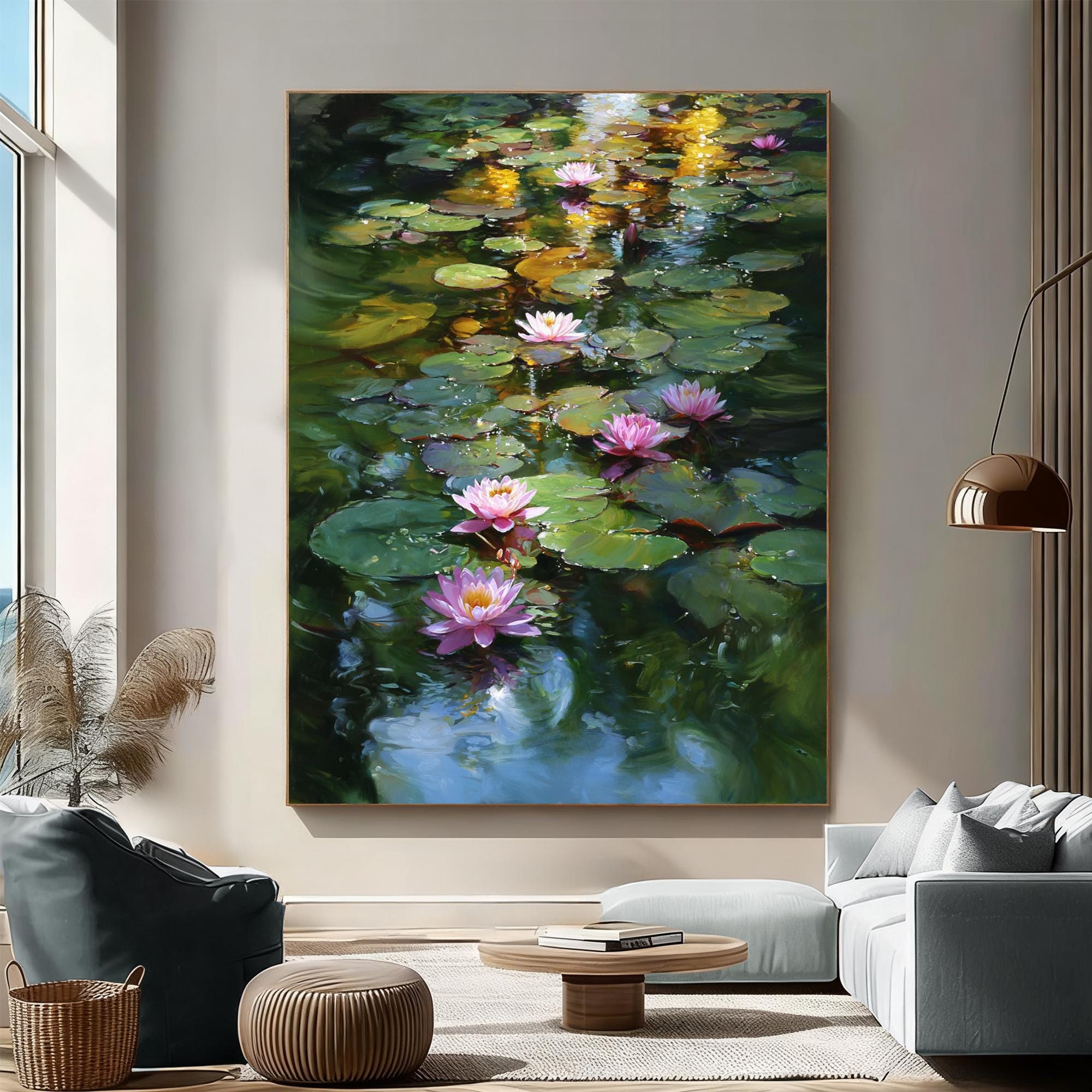 オリジナルの手描き油絵、睡蓮、陽光に照らされた池、ピンクの蓮の花