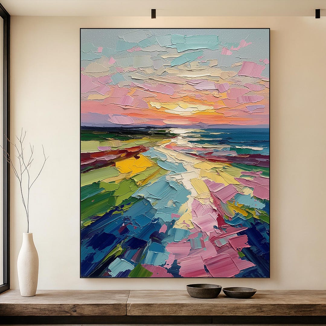 Original Impasto Textured Sunset Landscape Oil Painting, Colorful ...