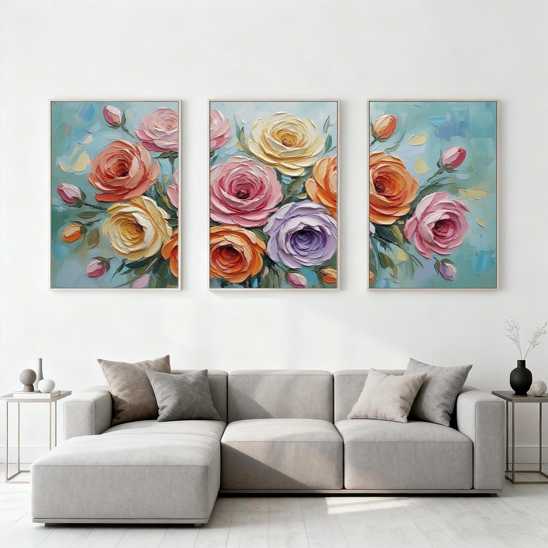 Original Hand Painted Floral Triptych Oil Painting, Colorful Rose ...
