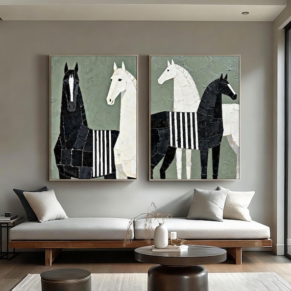 Set of 2 Abstract Horse Oil Paintings, Original Textured Equine Wall Art, Black and White Minimalist Decor, Modern Canvas Pair