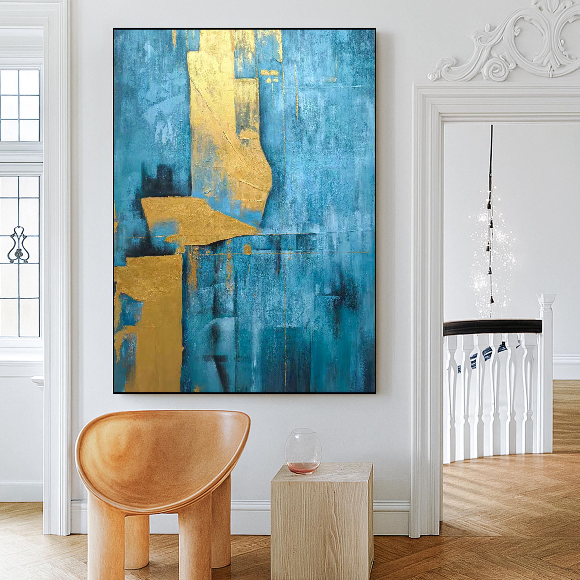 大きな青と金の抽象画油絵 | 質感のある手描きのキャンバスアート