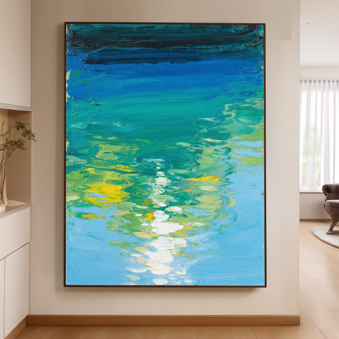 Large Abstract Ocean Oil Painting on Canvas, Blue Green Water ...