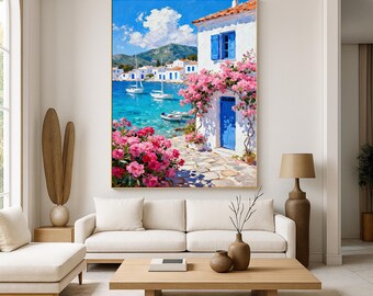 Original Blue Door Mediterranean Coastal Oil Painting,hand-painted