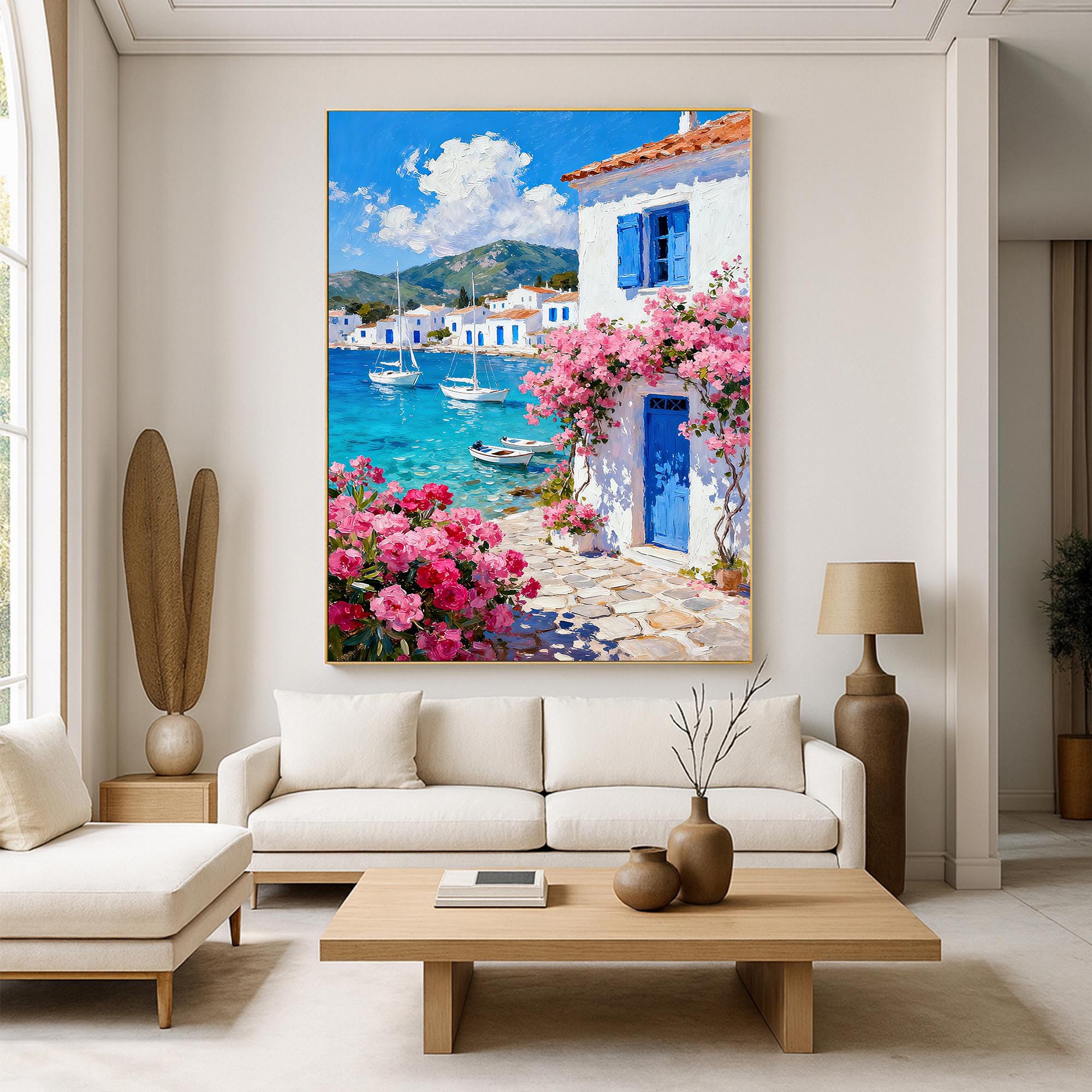 Original Blue Door Mediterranean Coastal Oil Painting,hand-painted