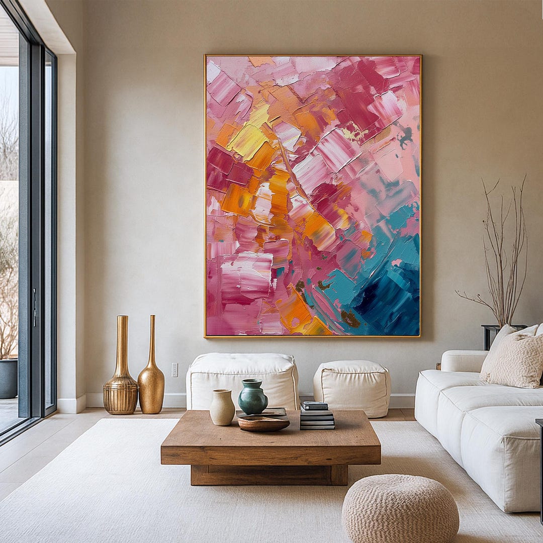 Oriignal Pink Orange Abstract Oil Painting – Hand Painted Impasto ...