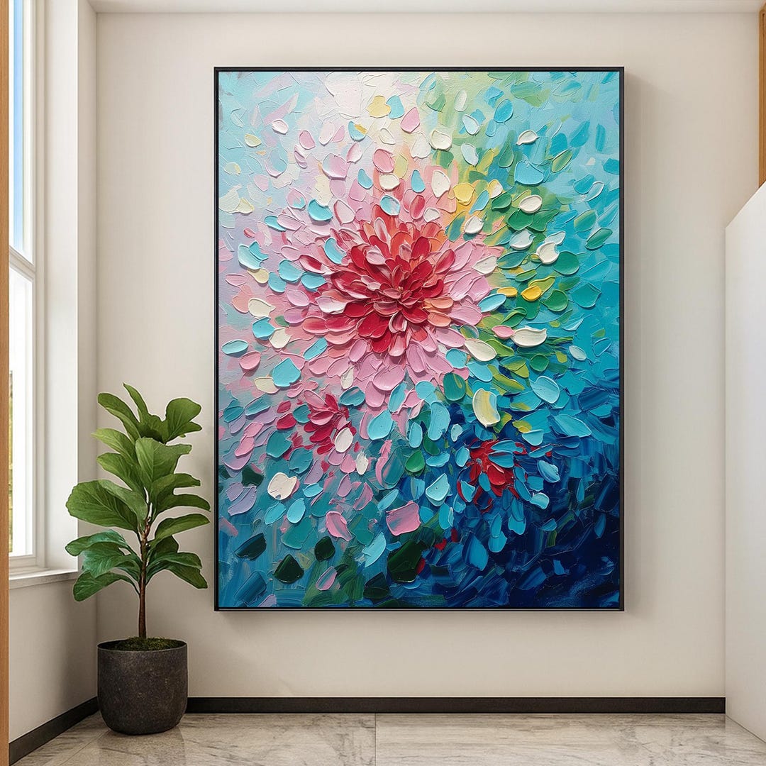 Original Textured Floral Oil Painting on Canvas, Large Abstract Flower ...