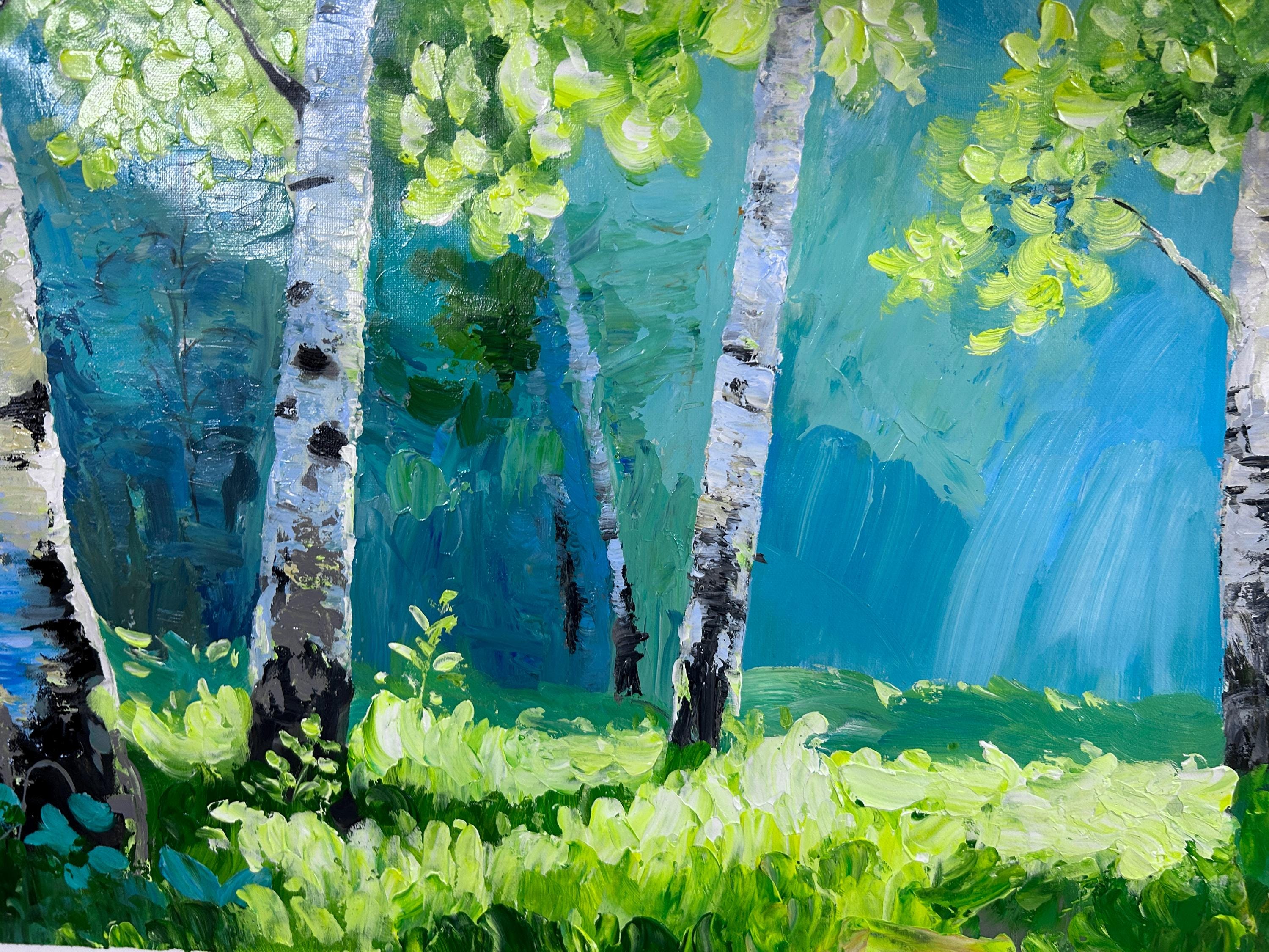 Textured Tree Painting Large Spring Sunlit Green Leaves Blue Woodland ...