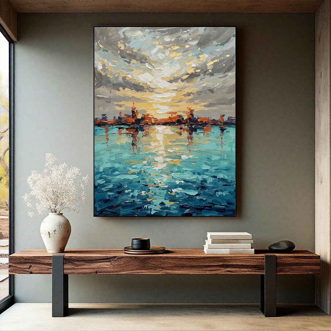 Original Sunset Cityscape Oil Painting on Canvas, Modern Abstract ...