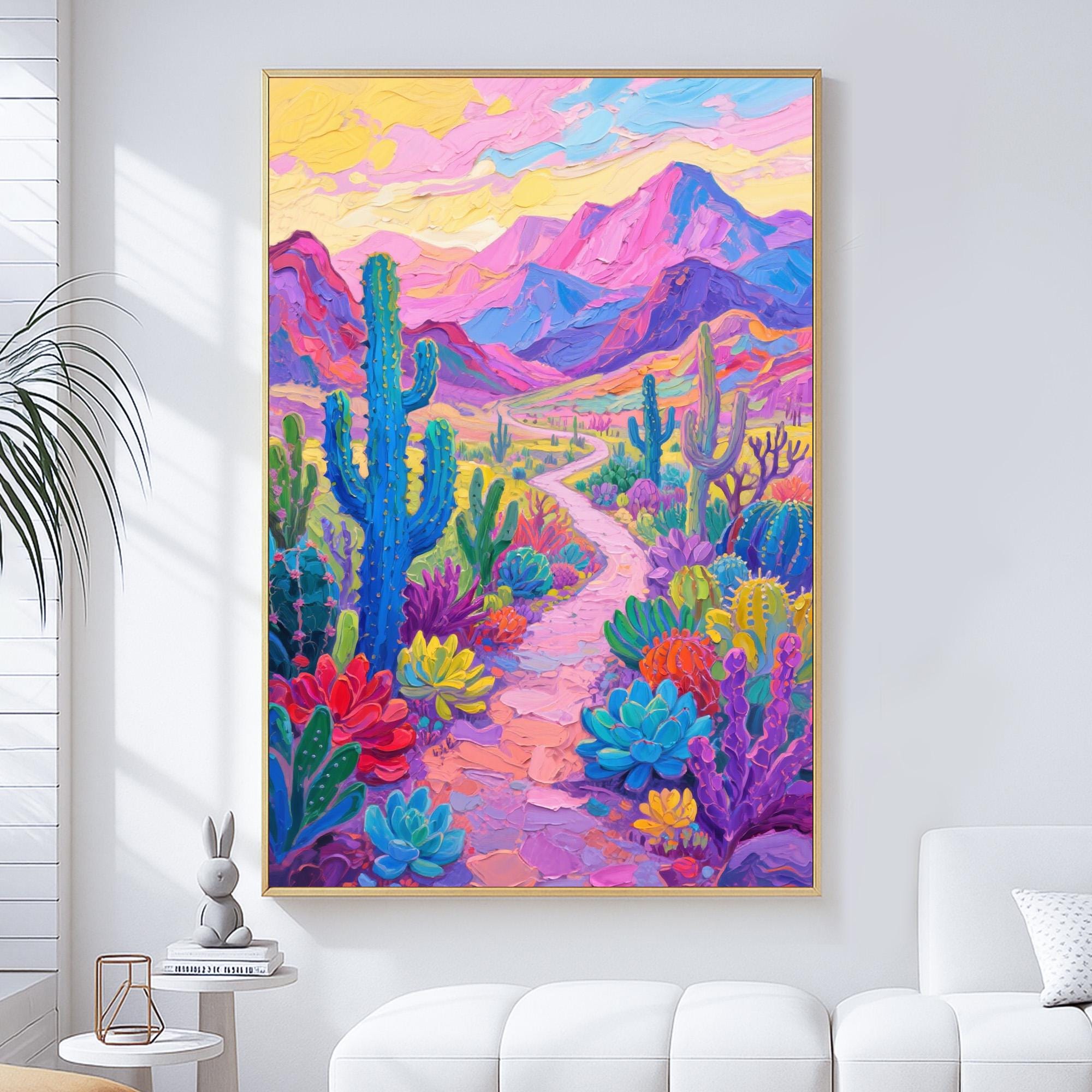 Vibrant Abstract Cactus Flower Workart Large Wall Art Colorful Desert Canvas Modern Impressionist Art Floral Decor Hand Painted Oil Painting